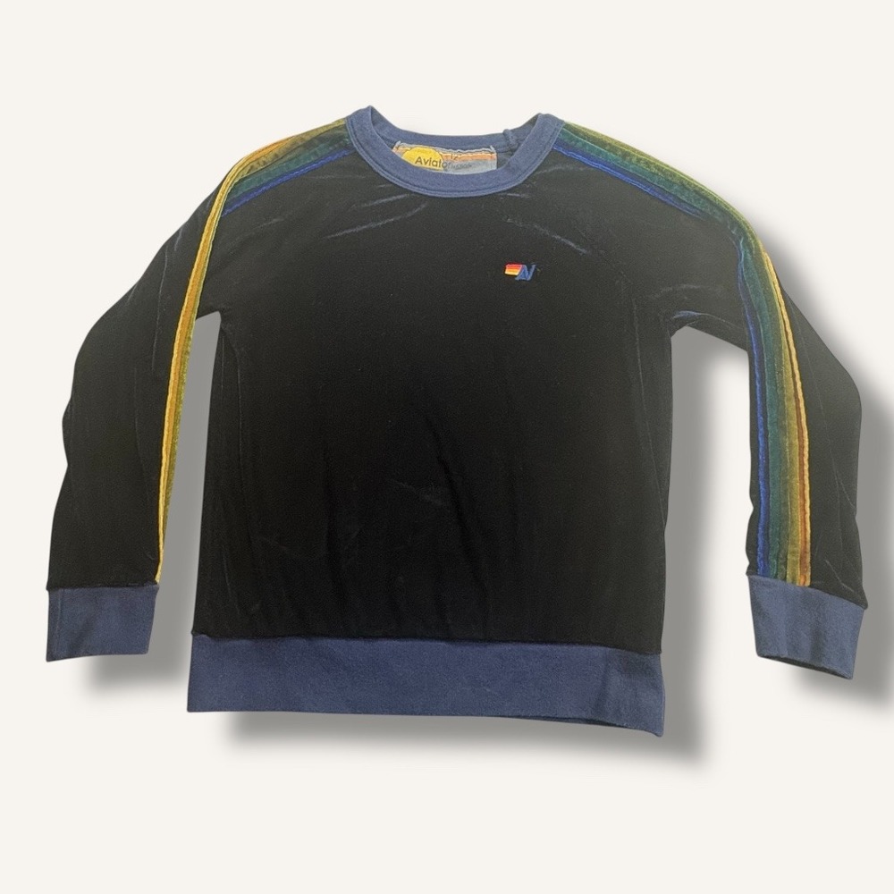 Aviator Nation Velvet‎ Sweatshirt Kids 12 Navy Rainbow Stripe Retro Surf